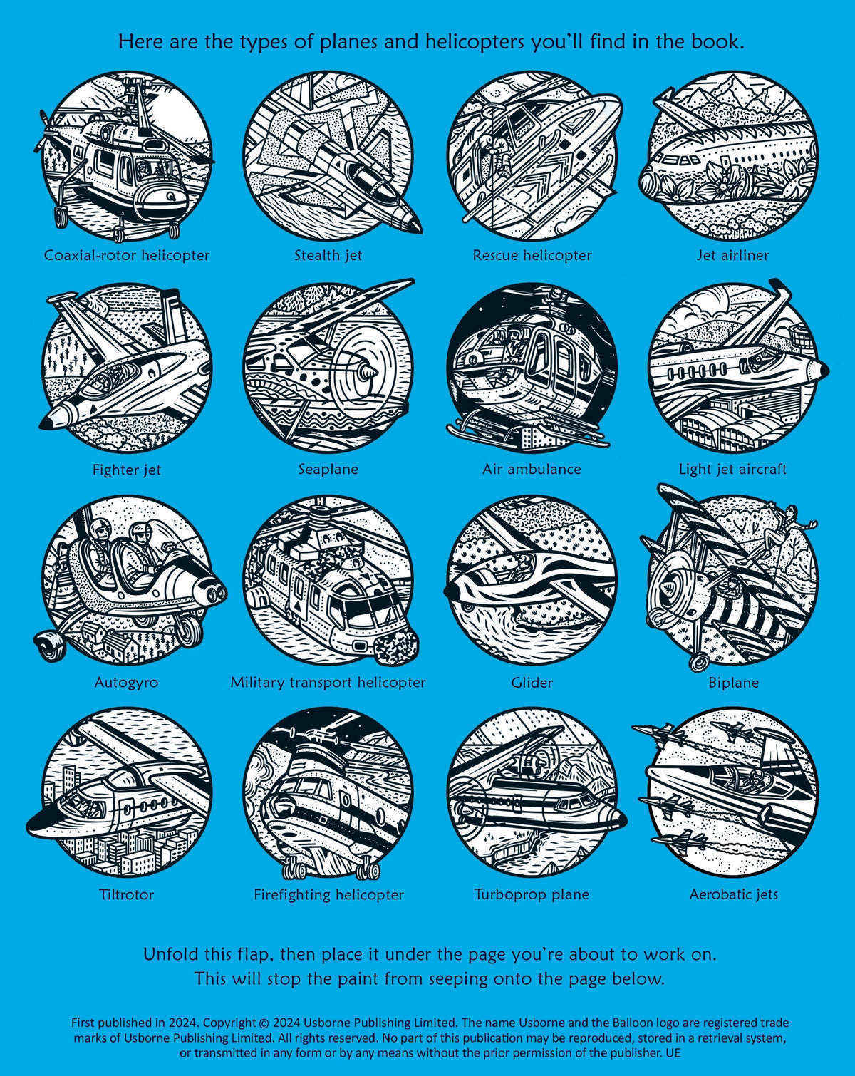 Illustrations of various types of planes and helicopters on a blue background