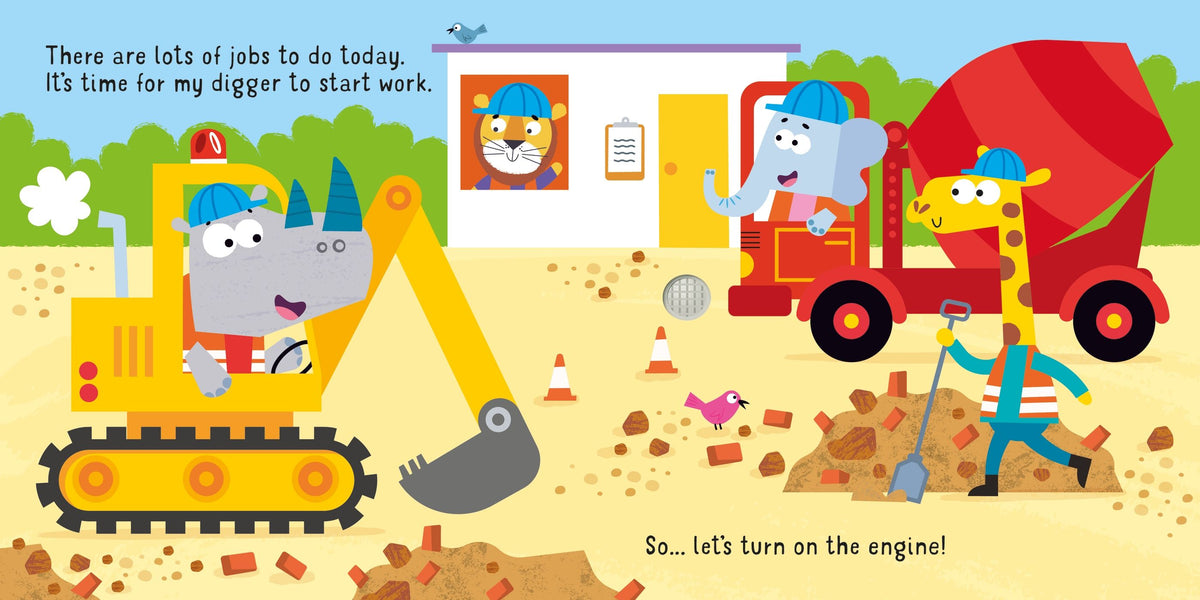 Illustration of a construction scene with animals operating machinery.