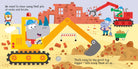 Illustration of a cartoon rhino operating a digger with construction scene and characters in the background.