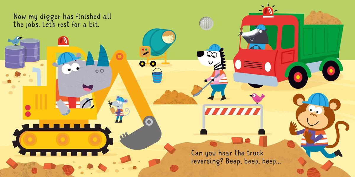 Illustration of a construction scene with animals using construction vehicles and equipment.
