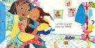 Illustration from a children's book showing two girls hugging with text about a hello hug.