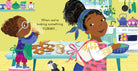 Illustration of two children baking in a kitchen with text 'When we're baking something YUMMY...'.