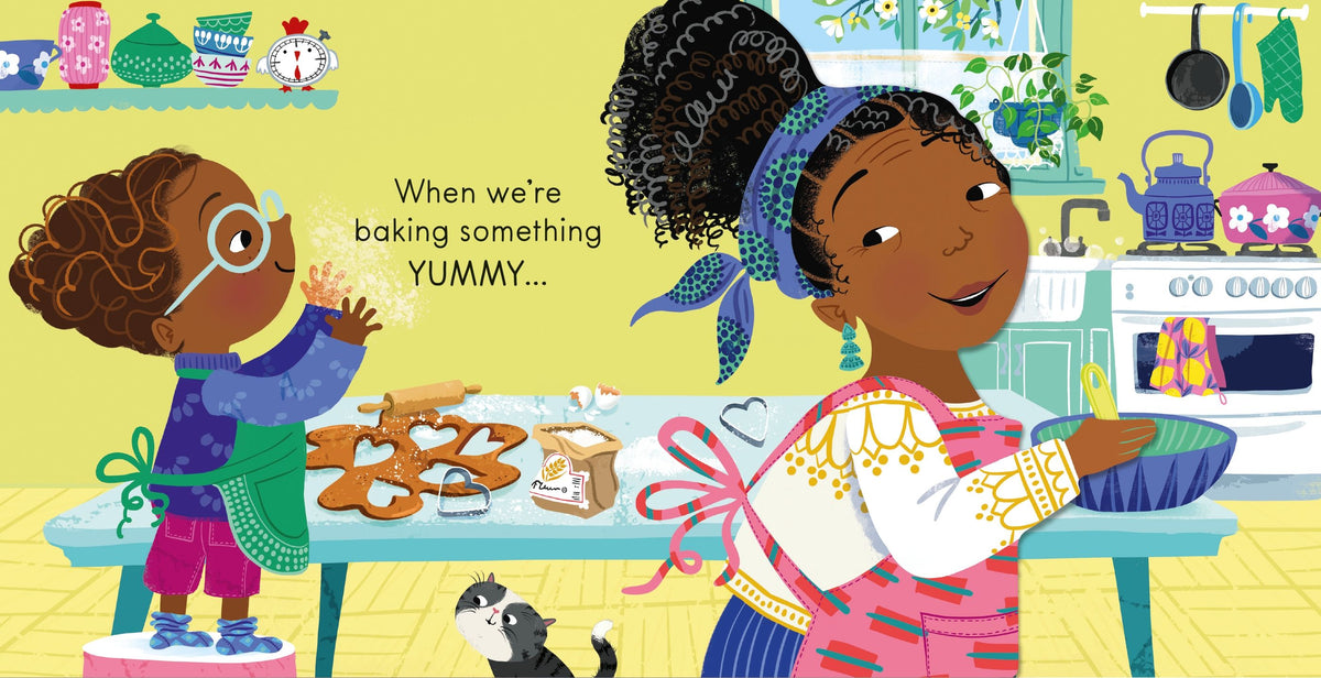 Illustration of two children baking in a kitchen with text 'When we're baking something YUMMY...'.
