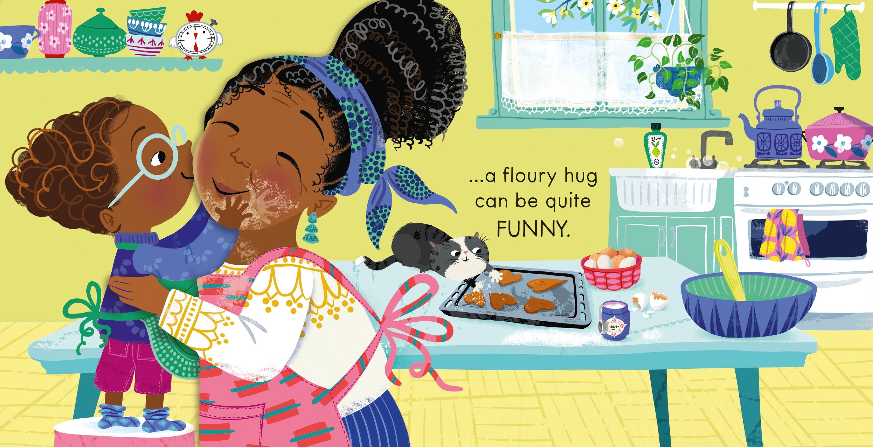 Illustration of two children hugging in a kitchen with text about a 'floury hug'.
