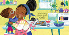 Illustration of two children hugging in a kitchen with text about a 'floury hug'.