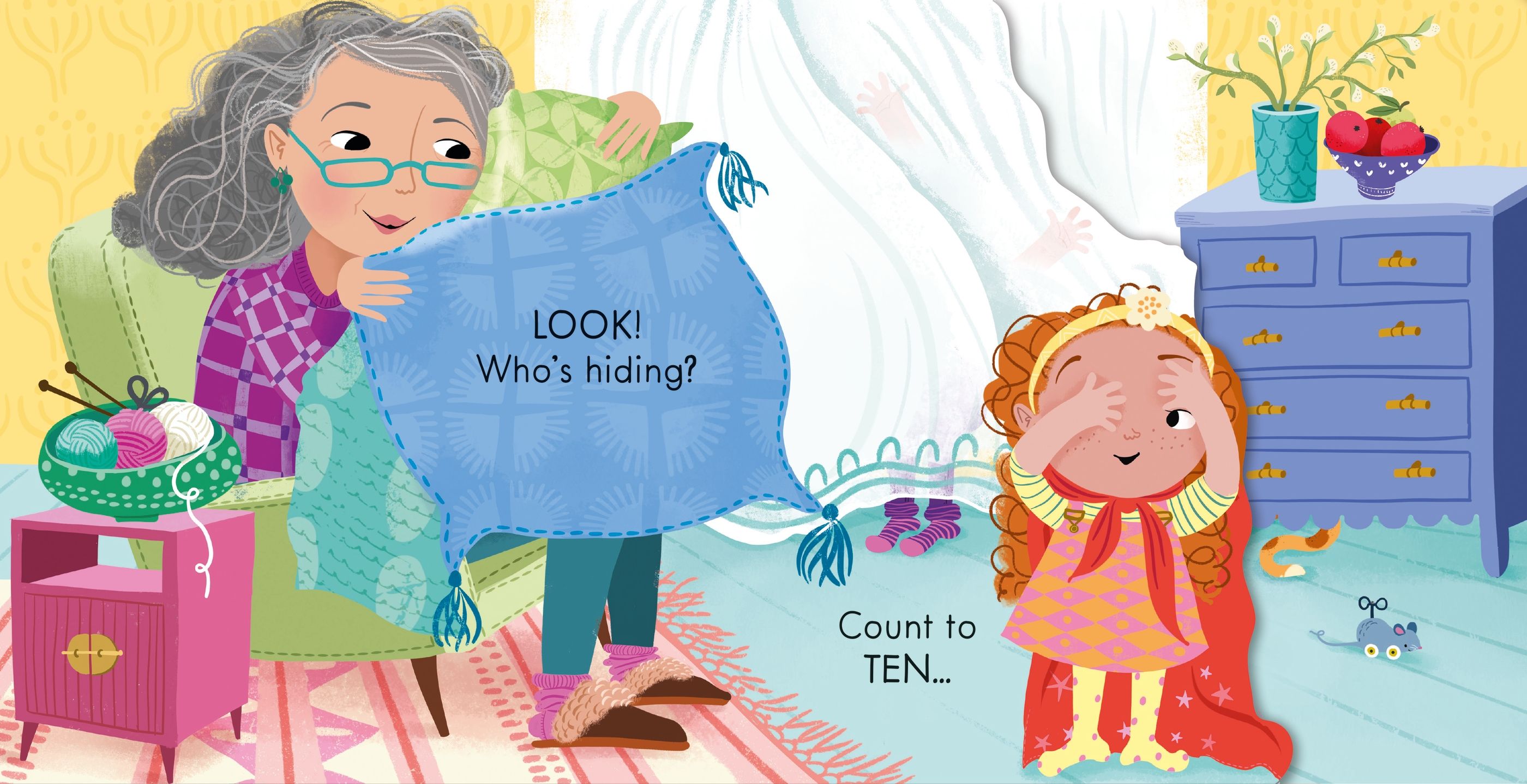 Illustration of an older woman and a young girl with a blue blanket, surrounded by toys and furniture.