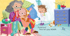 Illustration of a grandmother, child, and dog in a bedroom with text 'Found you! Now let's play AGAIN.'