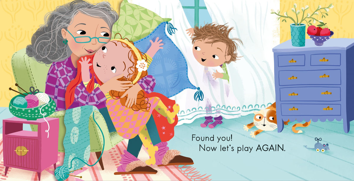 Illustration of a grandmother, child, and dog in a bedroom with text 'Found you! Now let's play AGAIN.'