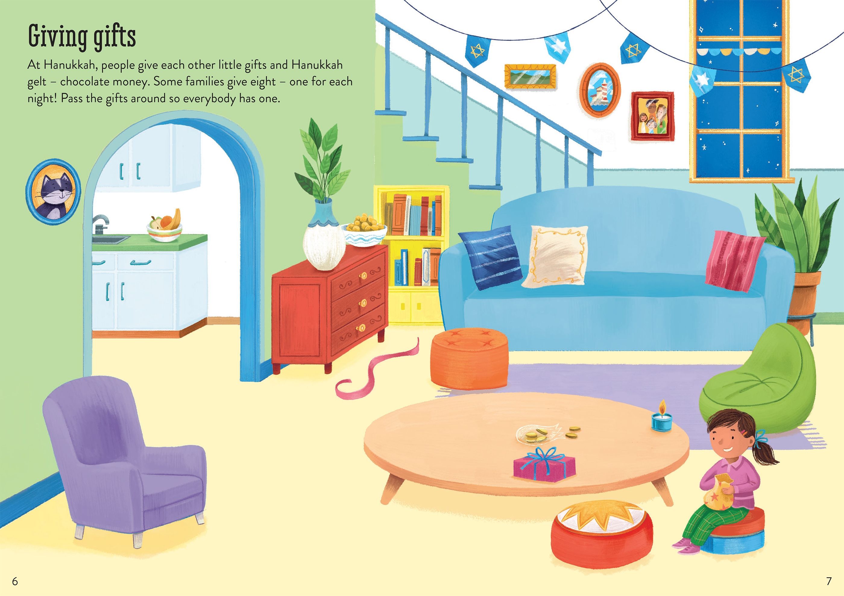 Colorful illustration of a living room with a child sitting on a colorful stool, surrounded by furniture and decorations.