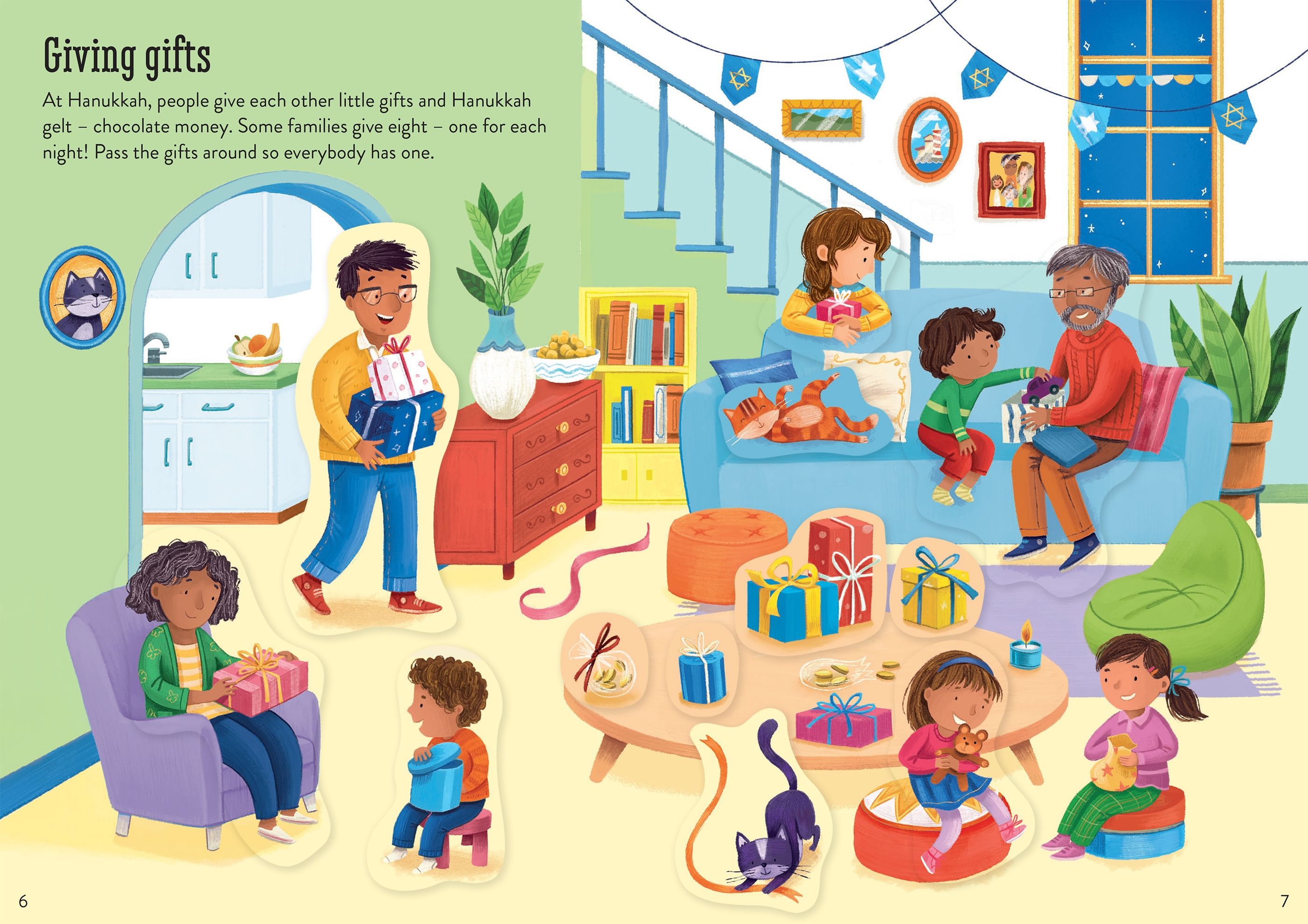 Illustration of children giving gifts during Hanukkah in a living room setting.
