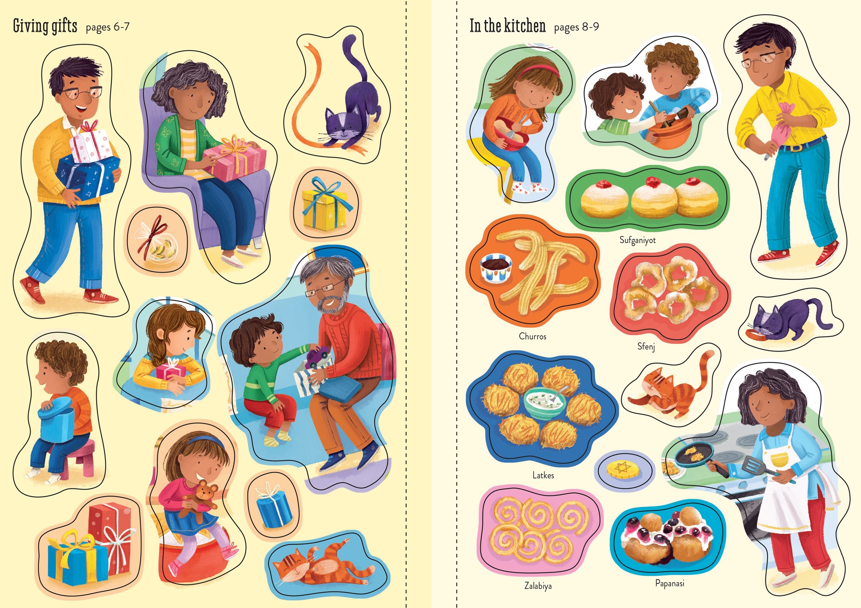 Illustrated book pages with children and food items on a yellow background