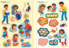 Illustrated book pages with children and food items on a yellow background