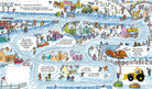 Colorful children's puzzle with winter scene, vehicles, and people.