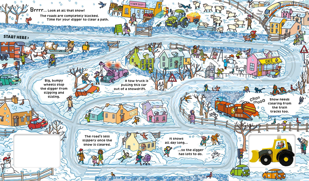 Colorful children's puzzle with winter scene, vehicles, and people.