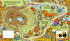 Colorful children's book page with a digger working in a forest, featuring various activities and text.
