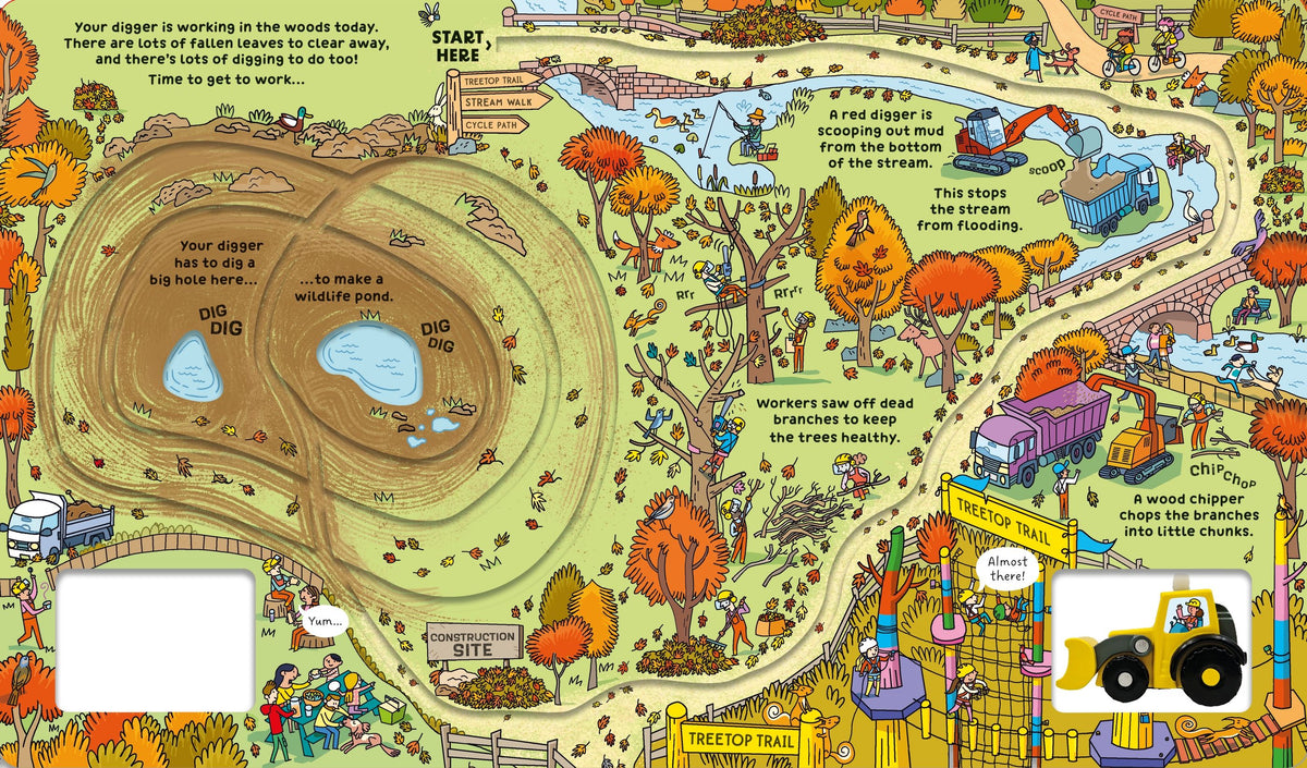Colorful children's book page with a digger working in a forest, featuring various activities and text.