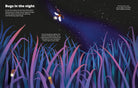 Illustration of bugs in a grassy field at night with a starry sky.