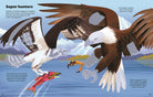 A printed nature illustration page showing two bald eagles fishing for salmon over water, with caption text and small inset graphics. This is not a clean product shot, not a person-centered lifestyle image, and not a measurement chart, color swatch, or instruction diagram; it reads as editorial/scenery content, so I classify it as Scenery because the depicted scene itself is the salient content.