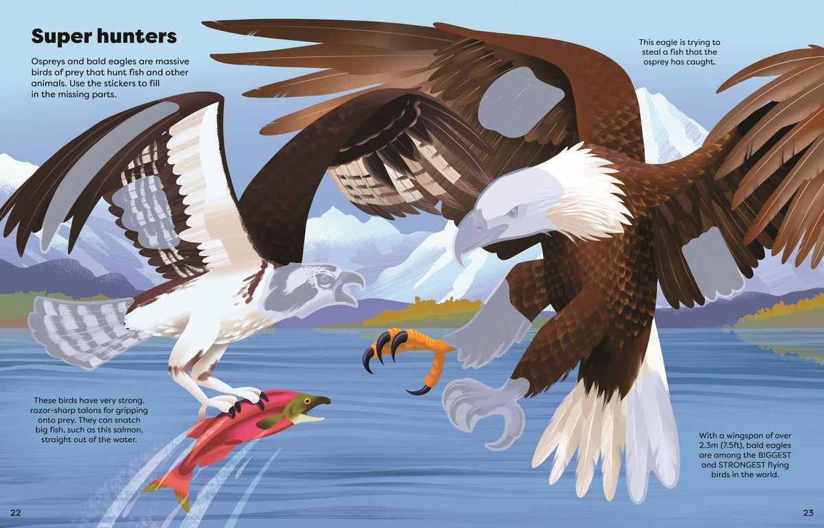 A printed nature illustration page showing two bald eagles fishing for salmon over water, with caption text and small inset graphics. This is not a clean product shot, not a person-centered lifestyle image, and not a measurement chart, color swatch, or instruction diagram; it reads as editorial/scenery content, so I classify it as Scenery because the depicted scene itself is the salient content.