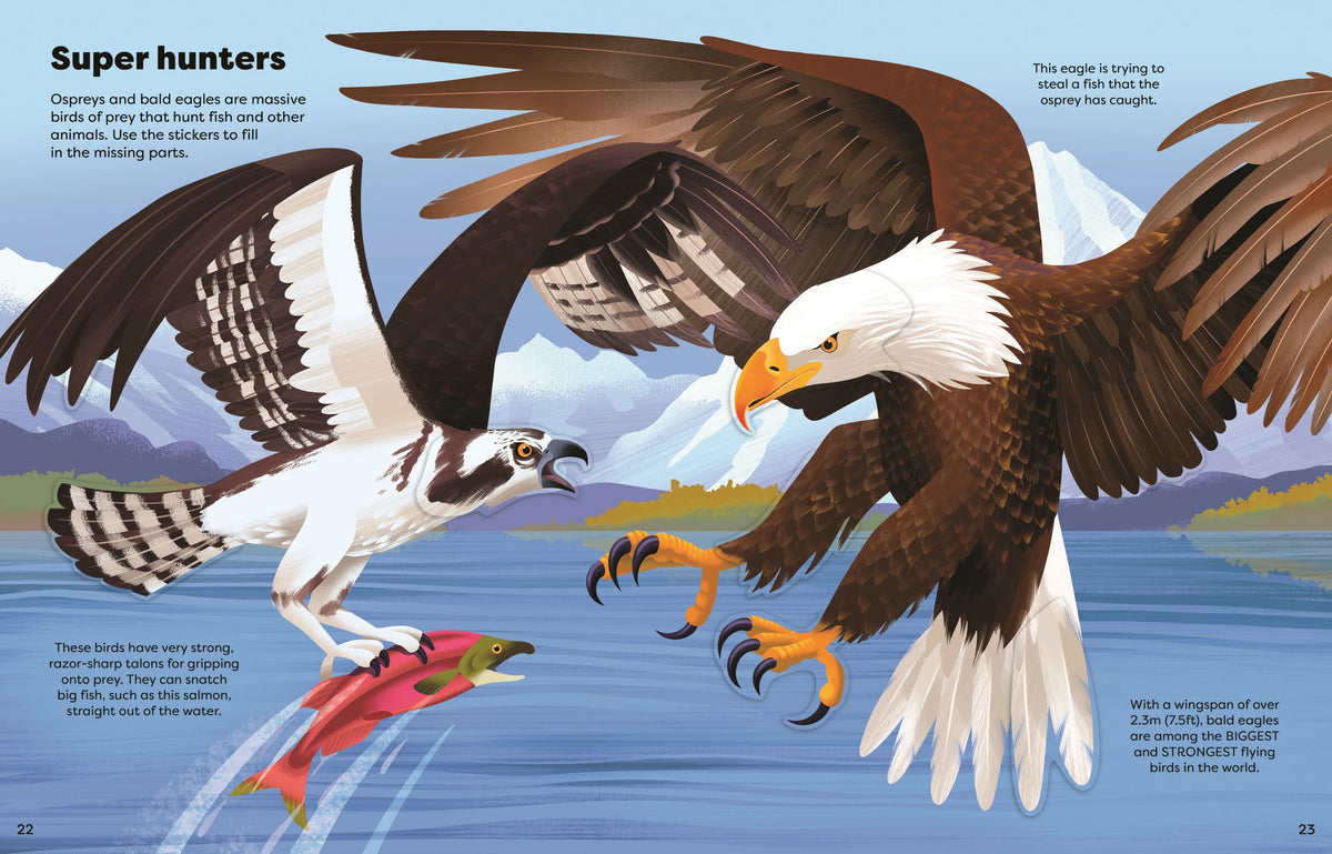A printed educational page showing two large birds of prey in a mountain-and-water scene, with text headings and descriptive captions. The artwork depicts an osprey and a bald eagle hunting fish, likely salmon, with one bird catching a red fish in the water.
