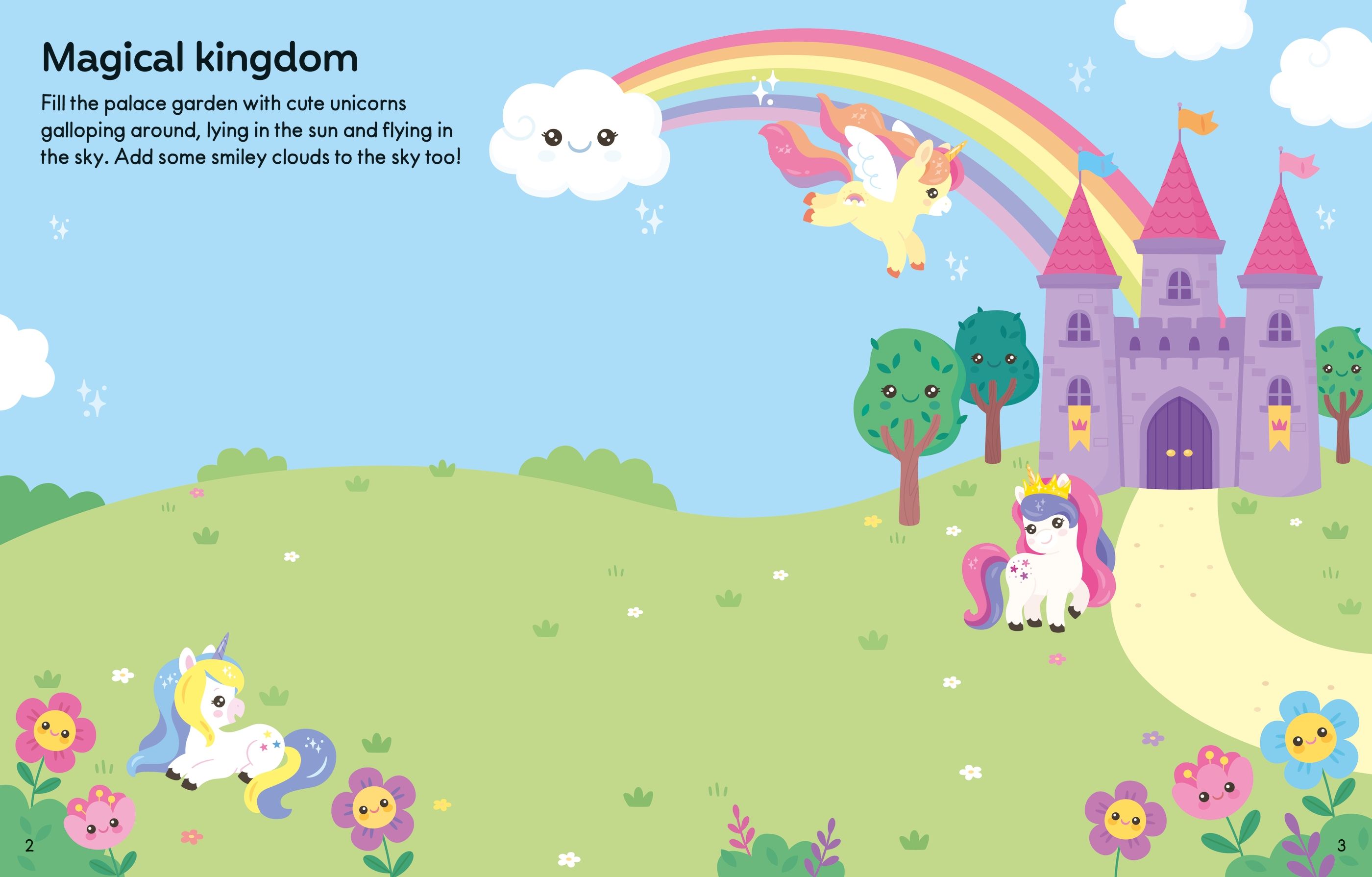 A whimsical illustrated page titled 'Magical kingdom' showing a pastel fantasy landscape with a castle, rainbow, clouds, flowers, and unicorns in a playful children's book or art print style.