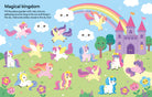 A colorful children's activity page titled 'Magical kingdom' showing illustrated unicorns, a rainbow, clouds, a castle, trees, flowers, and small cartoon faces, with a short instruction text at the top left.