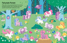 A colorful illustrated fairytale forest scene with multiple pastel unicorns, owls, squirrels, mushrooms, flowers, and trees. Text in the upper left reads 'Fairytale forest' and 'Welcome to the enchanted forest.