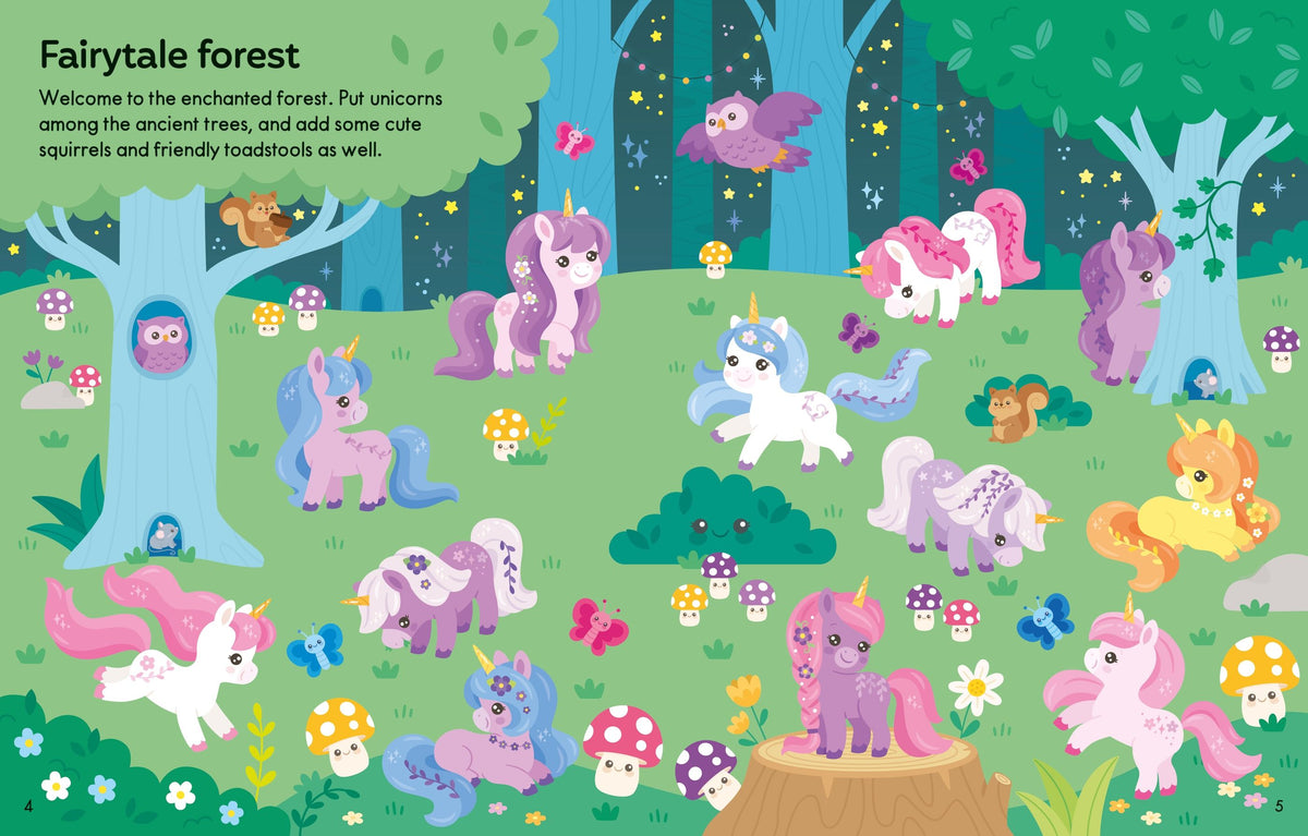 A colorful illustrated fairytale forest scene with multiple pastel unicorns, owls, squirrels, mushrooms, flowers, and trees. Text in the upper left reads 'Fairytale forest' and 'Welcome to the enchanted forest.
