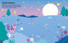 A whimsical illustrated night landscape with a large white moon, stars, pastel hills, trees, flowers, a pink unicorn, and a short text block reading 'Sweet dreams' in the upper left.