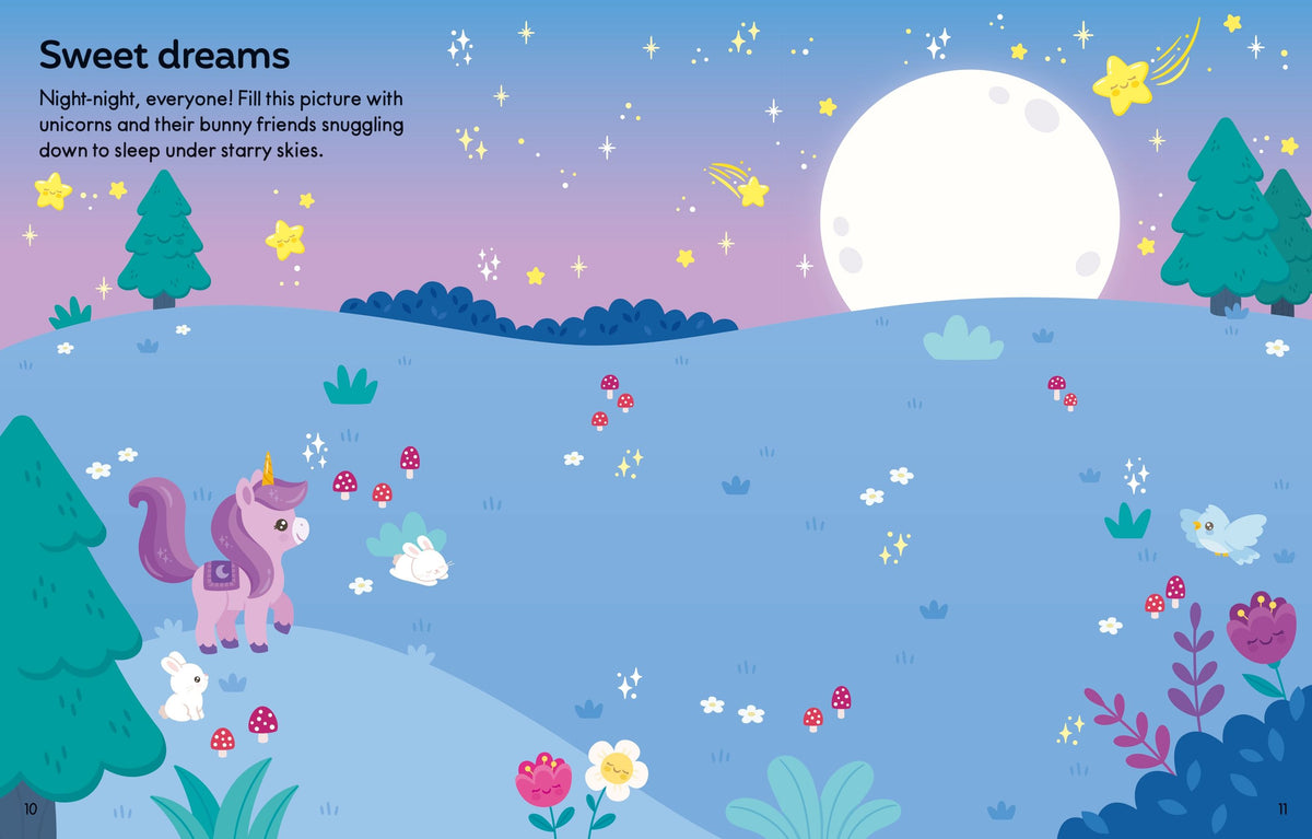 A whimsical illustrated night landscape with a large white moon, stars, pastel hills, trees, flowers, a pink unicorn, and a short text block reading 'Sweet dreams' in the upper left.