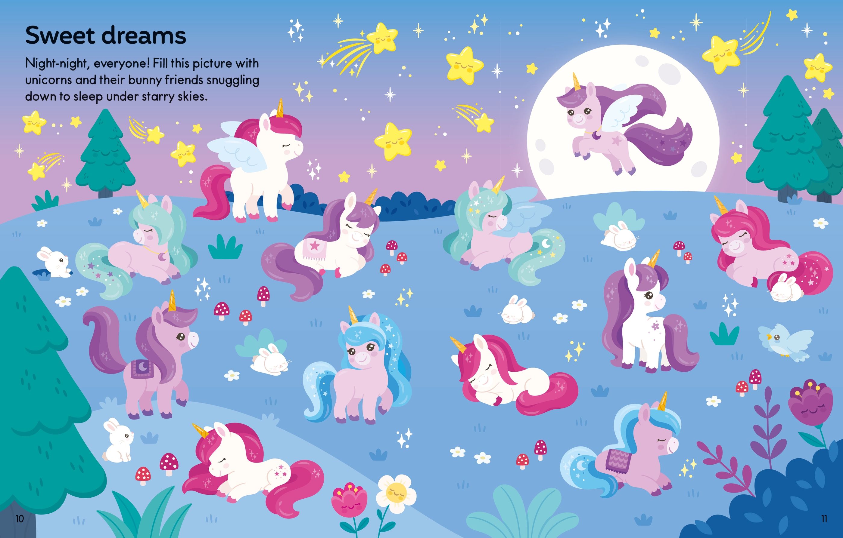 A colorful children's activity page titled 'Sweet dreams' showing multiple cartoon unicorns and rabbits scattered across a dreamy night landscape with stars, trees, flowers, and a moon.
