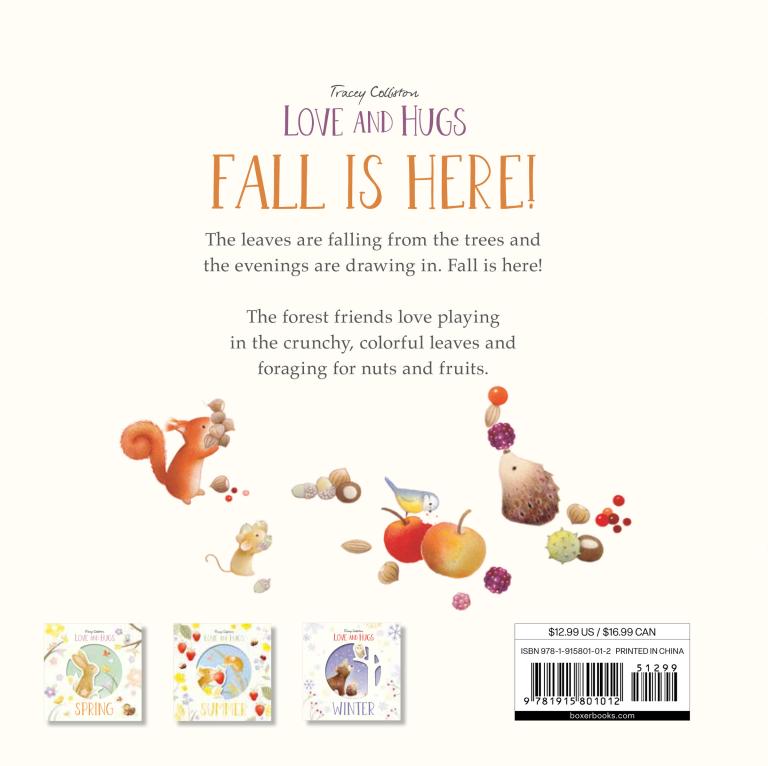 Back cover of the children's book 'Fall Is Here!' by Tracy Culloton, featuring autumn-themed illustrations of a squirrel, acorns, an apple, a mushroom, and a mouse on a cream background, with three small preview images at the bottom and a barcode label in the lower right.