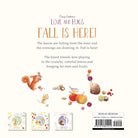 Back cover of the children's book 'Fall Is Here!' by Tracy Culloton, featuring autumn-themed illustrations of a squirrel, acorns, an apple, a mushroom, and a mouse on a cream background, with three small preview images at the bottom and a barcode label in the lower right.