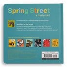 Back cover of a Spring Street book with text and illustrations on a teal background
