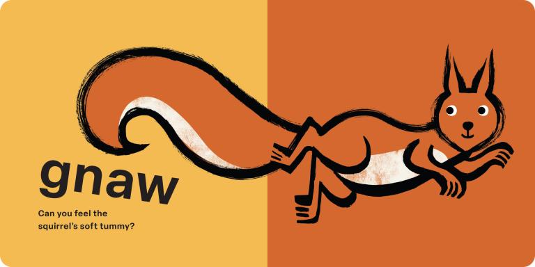 Squirrel illustration on a two-tone background with 'gnaw' text.