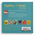 Back cover of a Spring Street book with text and illustrations on a teal background