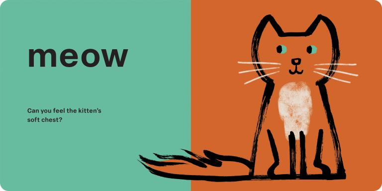 Illustration of a cat on an orange and green background with text 'meow' and 'Can you feel the kitten's soft chest?'.