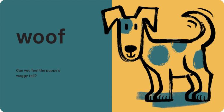 Illustration of a dog with 'woof' text on a blue and yellow background
