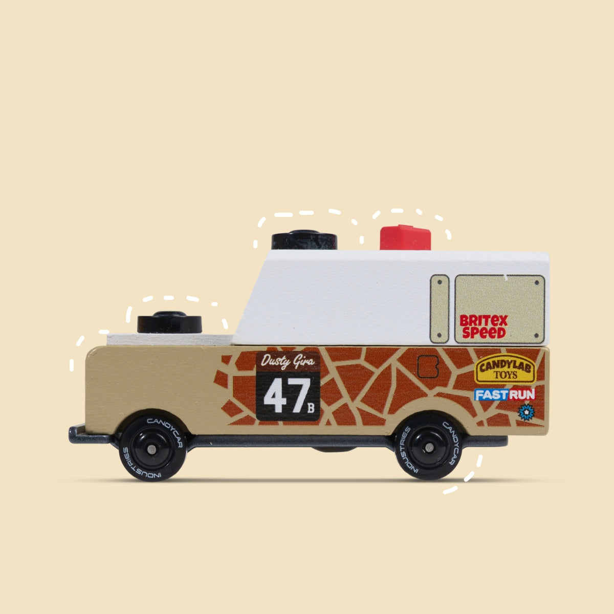 Toy van with racing design on a beige background