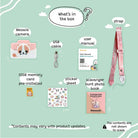 List of items included in a product package with icons and text on a light green background.
