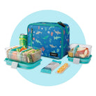 Blue lunch bag with sea-themed design, including a sandwich and snacks on a white background.
