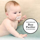 Baby with a pacifier on a light background, featuring the POPSUGAR logo.
