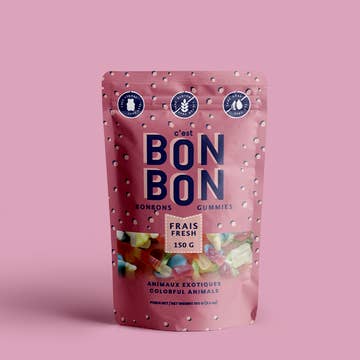 Pink packaging of 'c'est Bon Bon' gummies on a pink background
