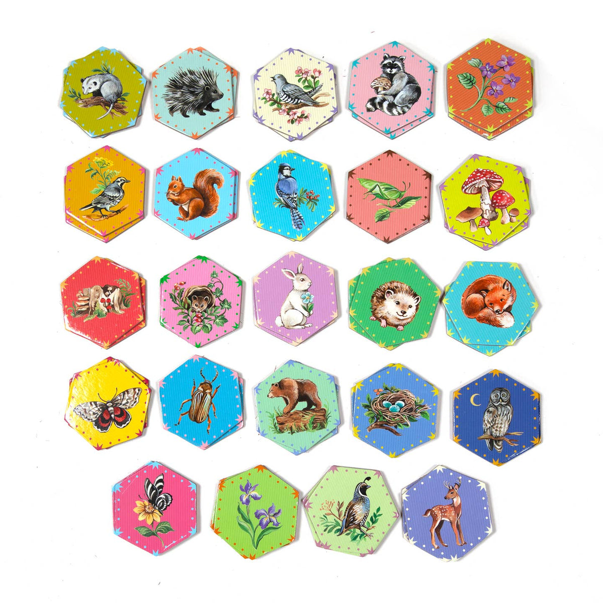 Hexagonal animal-themed tiles on a white background