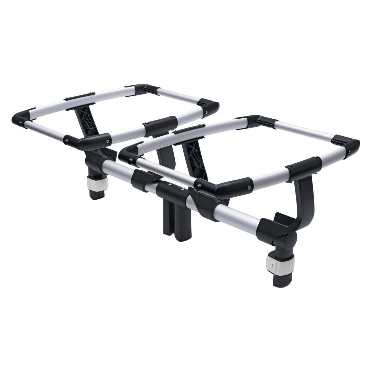 A silver aluminum and black metal bicycle rack frame shown on a clean white background.