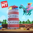 An animated scene featuring the Magna-Tiles Lighthouse Rescue set, with a red-and-white striped lighthouse on a rocky shore, a character riding a winged creature in the sky, and an "As Seen On MT Magna-Tales" logo in the corner.