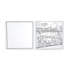 A black and white coloring book or activity sheet shown open, with a blank white panel on the left and a train illustration on the right.