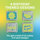 Four birthday-themed design cubes on a gradient background with text indicating quantity.