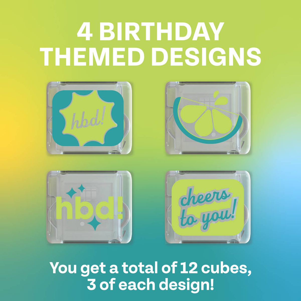 Four birthday-themed design cubes on a gradient background with text indicating quantity.
