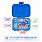 Blue children's lunchbox with compartments and labels on a white background